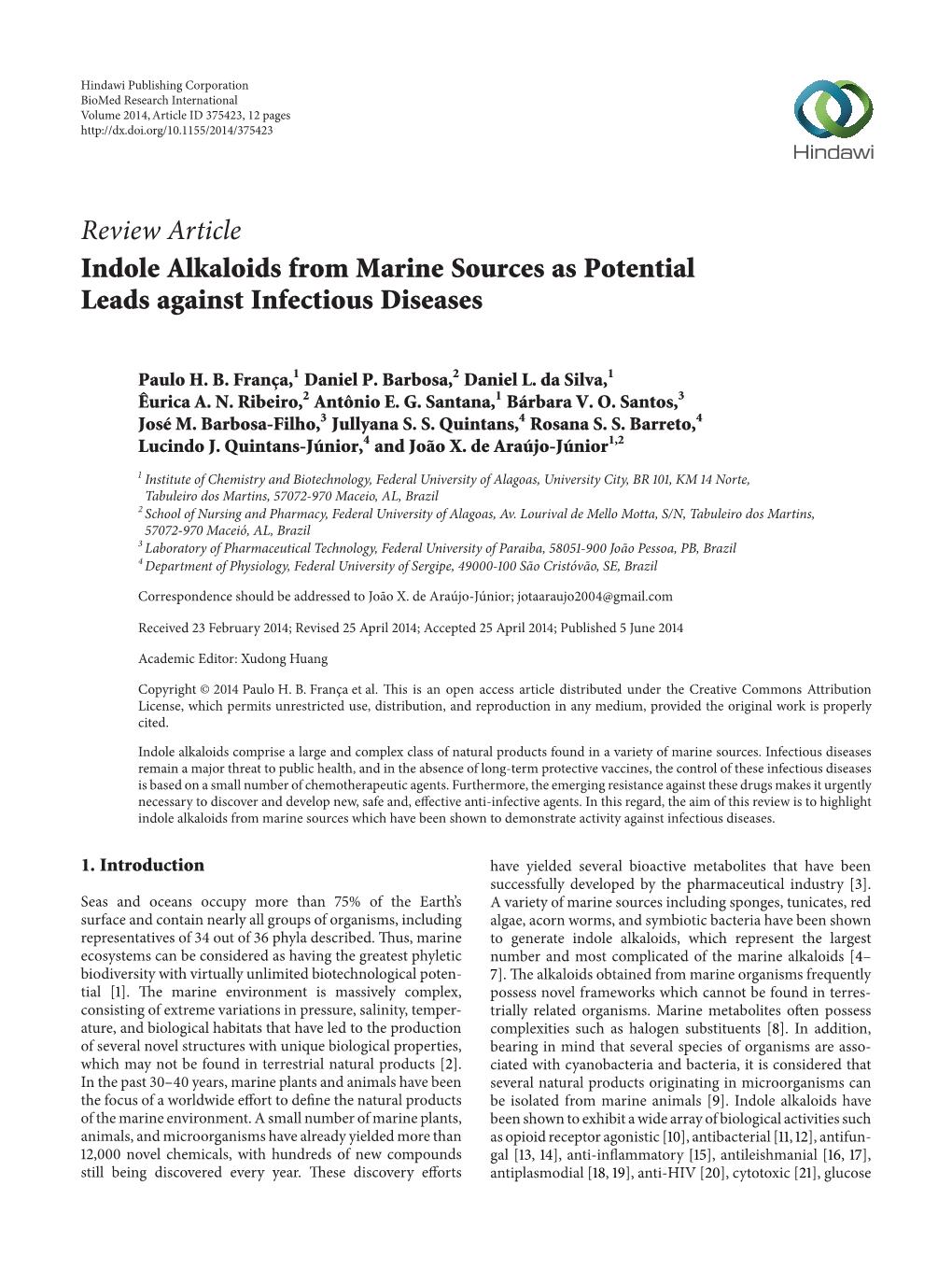 Indole Alkaloids from Marine Sources As Potential Leads Against Infectious Diseases