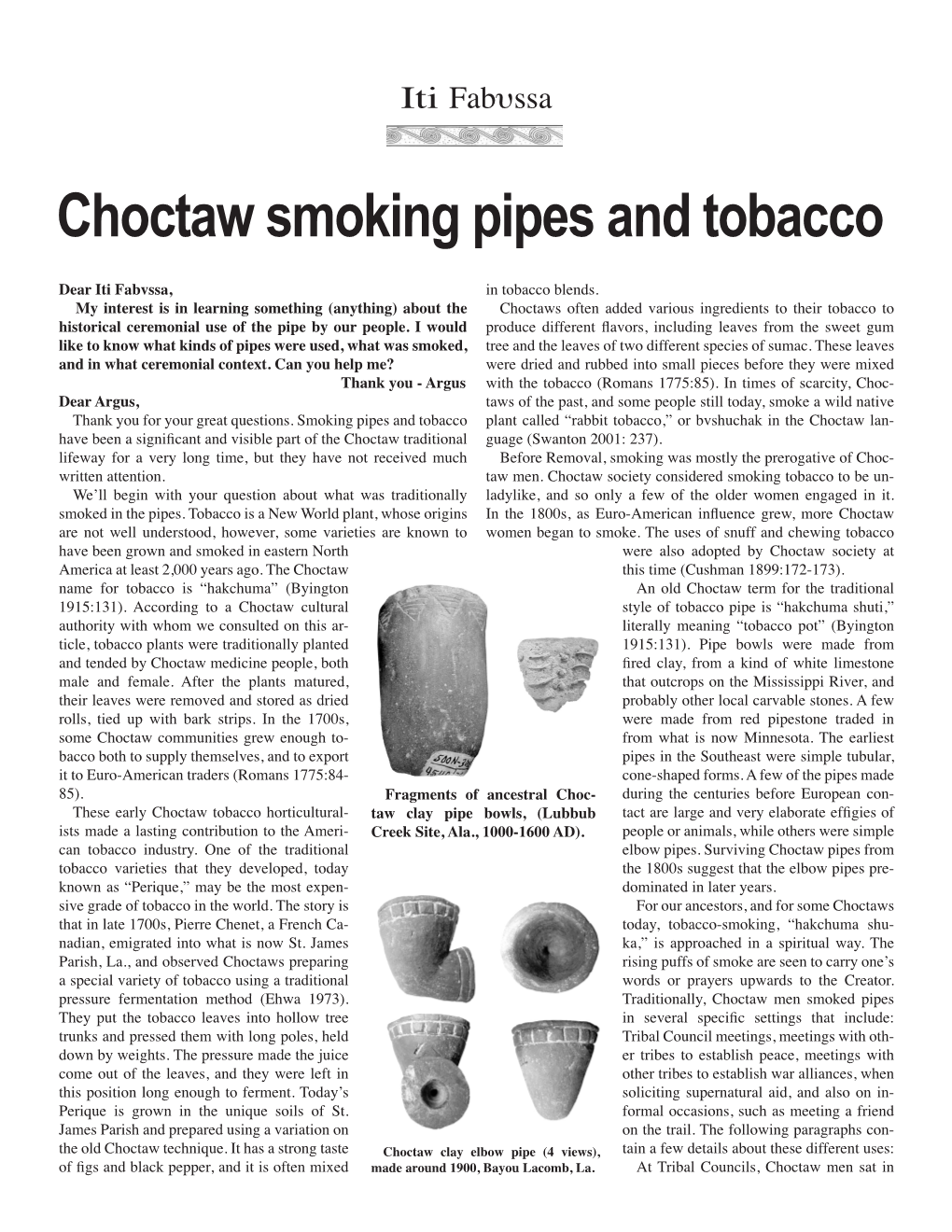 Choctaw Smoking Pipes and Tobacco