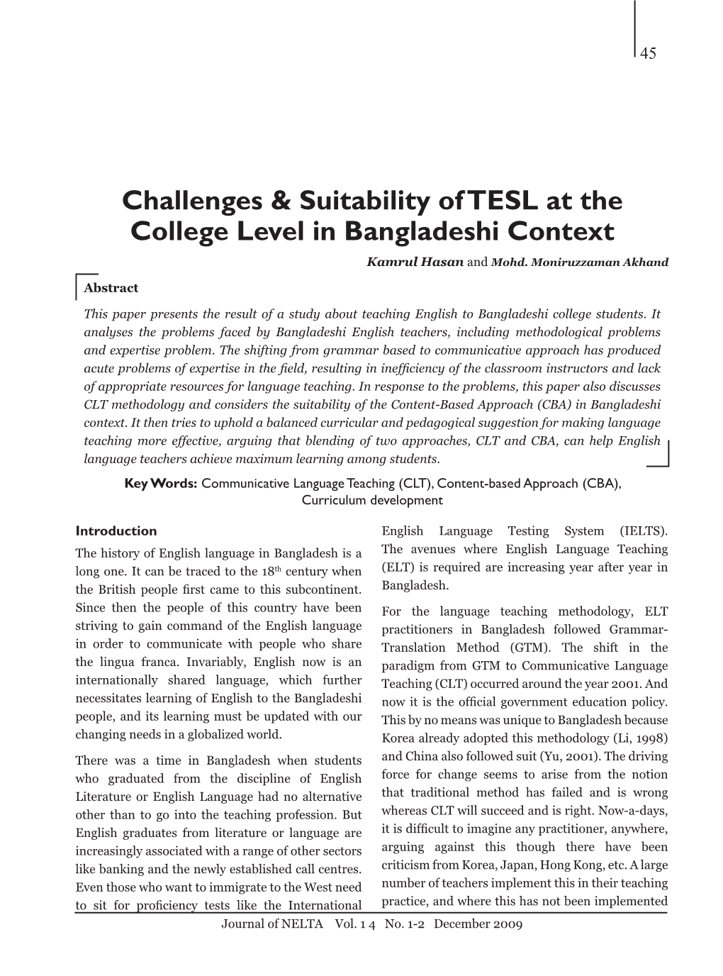 Challenges & Suitability of TESL at the College Level in Bangladeshi