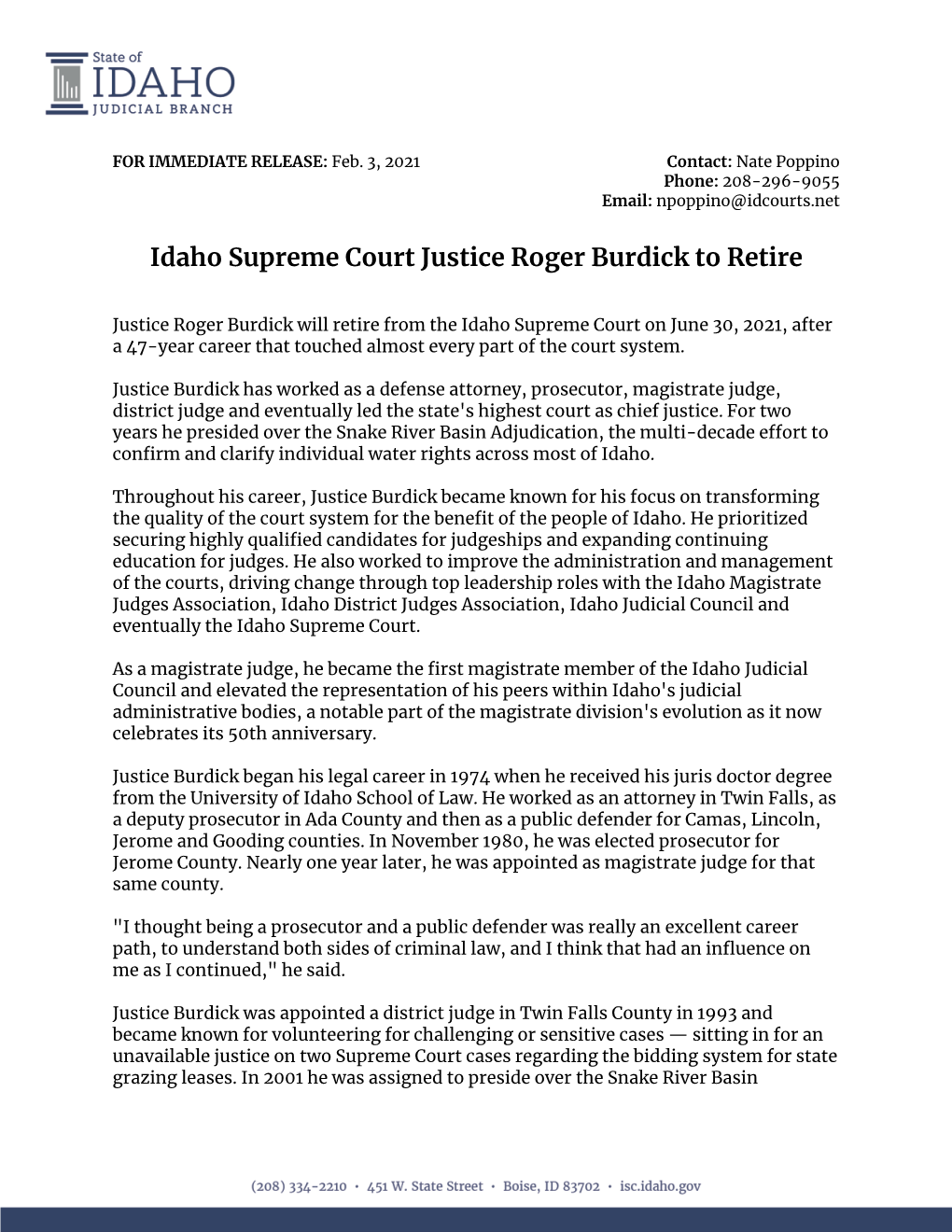 Idaho Supreme Court Justice Roger Burdick to Retire