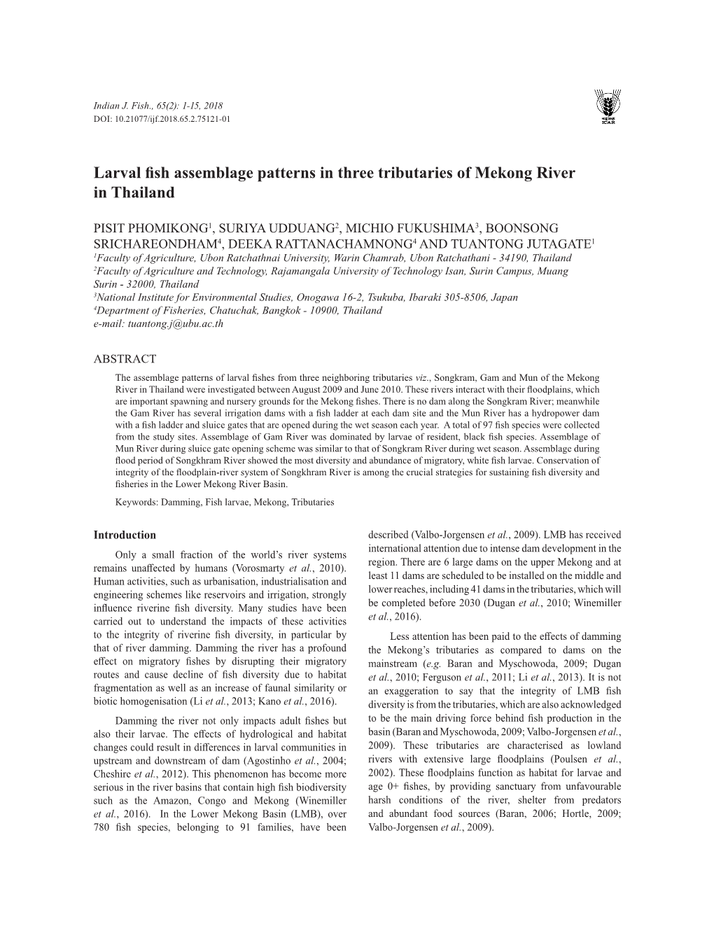 Larval Fish Assemblage Patterns in Three Tributaries of Mekong River in Thailand