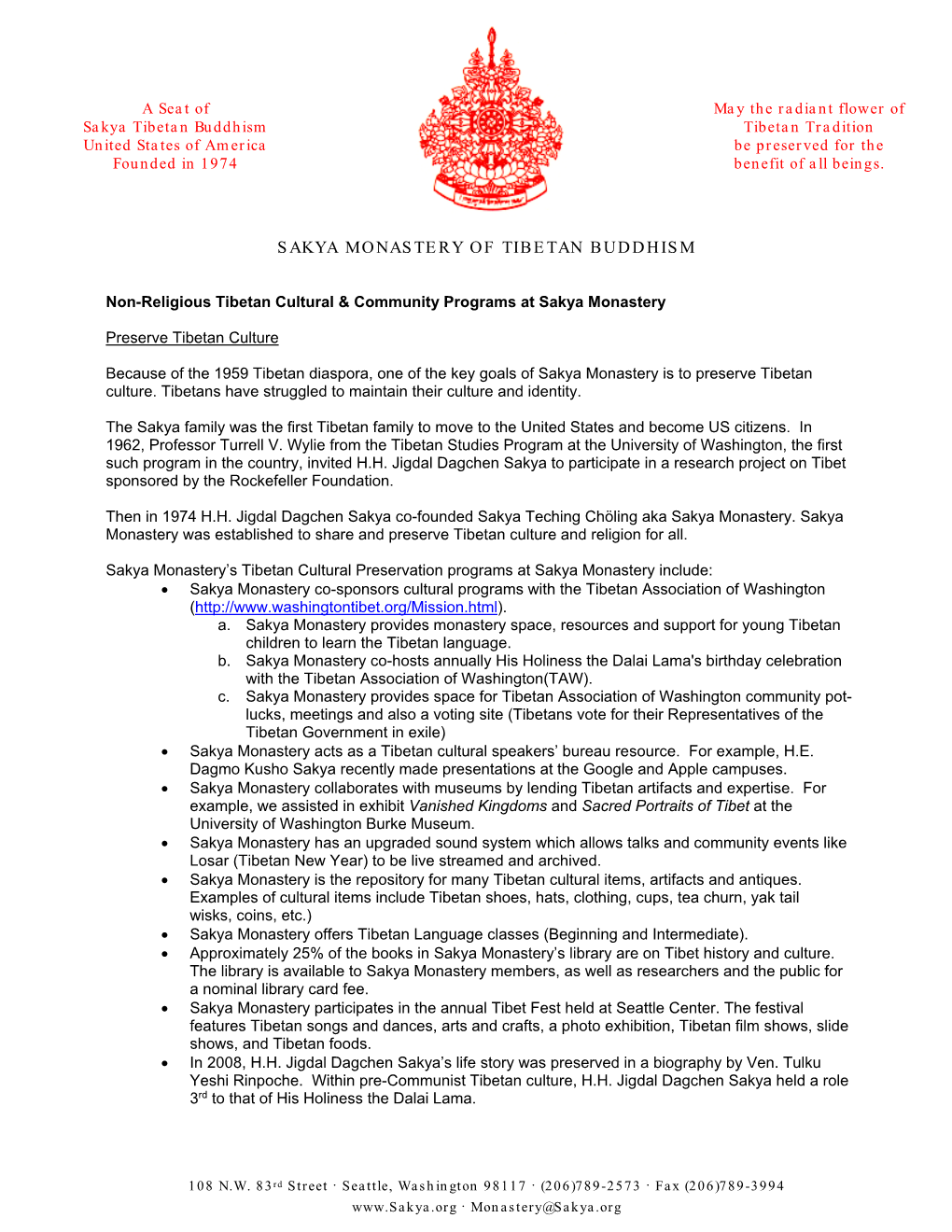 Cultural Programs with the Tibetan Association of Washington (