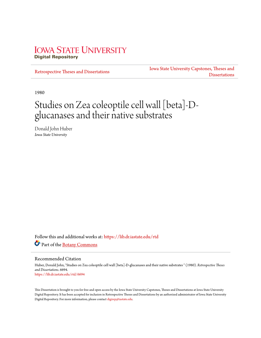 Studies on Zea Coleoptile Cell Wall [Beta]-D-Glucanases and Their Native Substrates " (1980)