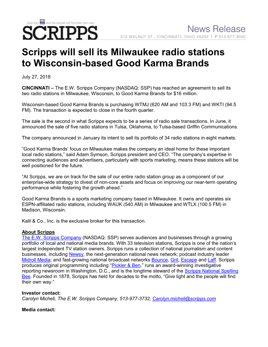 Scripps Will Sell Its Milwaukee Radio Stations to Wisconsin-Based Good Karma Brands
