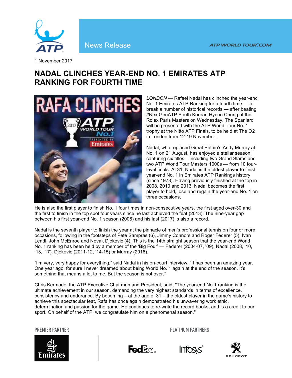 Nadal Clinches Year-End No. 1 Emirates Atp Ranking for Fourth Time