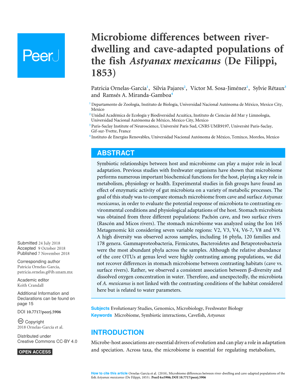 Microbiome Differences Between River- Dwelling and Cave-Adapted Populations of the Fish Astyanax Mexicanus (De Filippi, 1853)