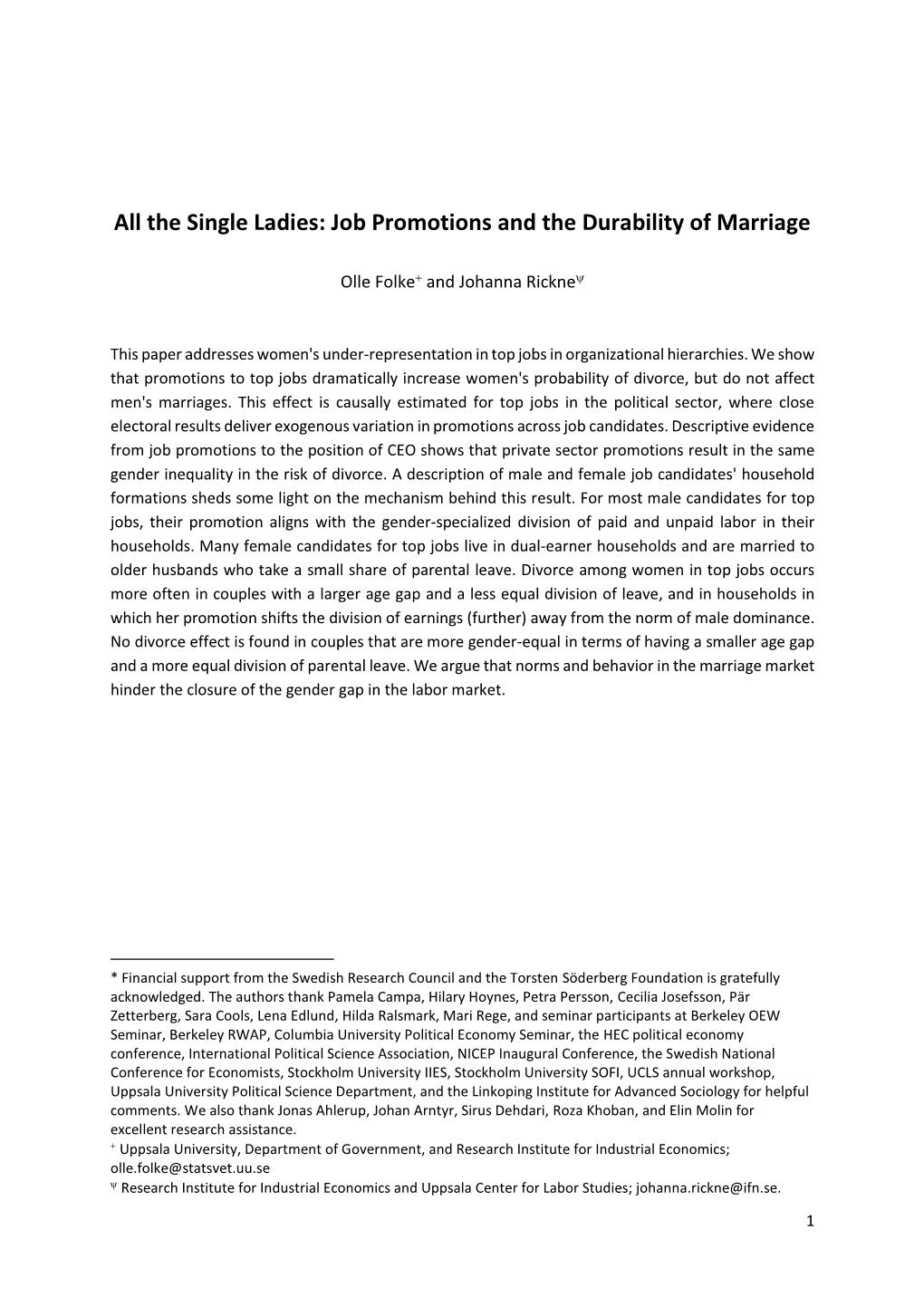 Job Promotions and the Durability of Marriage