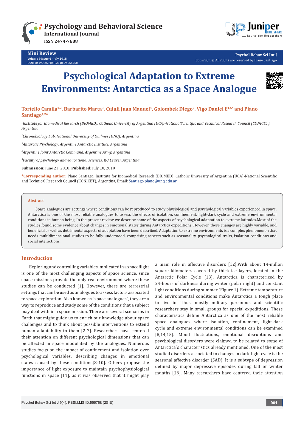 Psychological Adaptation to Extreme Environments:Antarctica As A