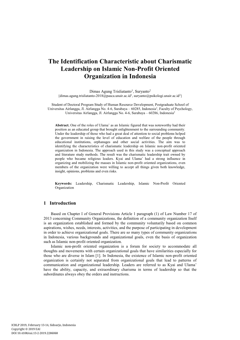 The Identification Characteristic About Charismatic Leadership on Islamic Non-Profit Oriented Organization in Indonesia