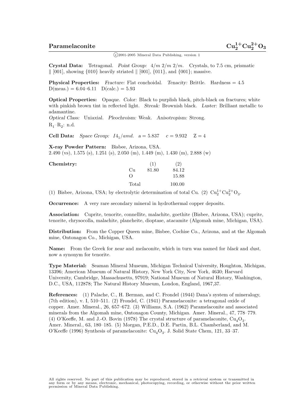 Paramelaconite Cu2 Cu2 O3 C 2001-2005 Mineral Data Publishing, Version 1