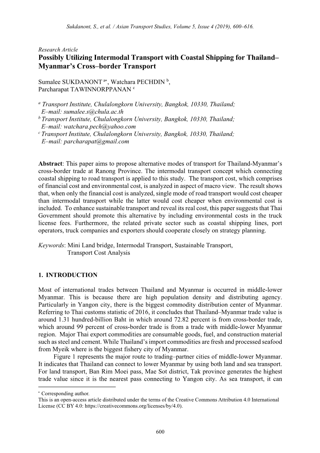 Possibly Utilizing Intermodal Transport with Coastal Shipping for Thailand– Myanmar’S Cross–Border Transport