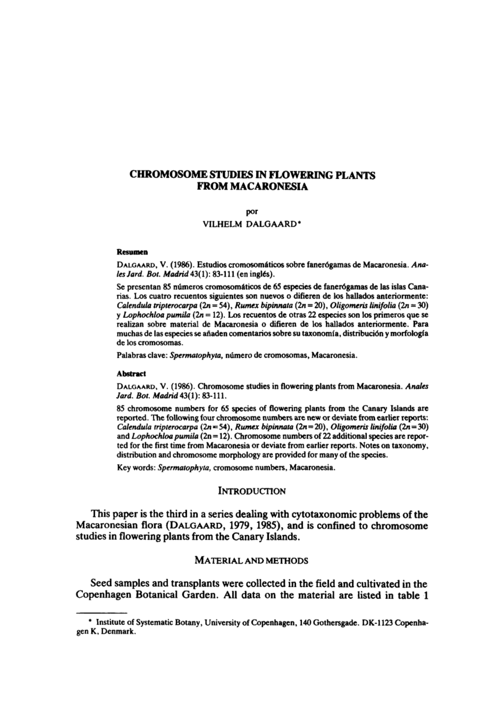 Chromosome Studiesin Flowering Plants from Macaronesia