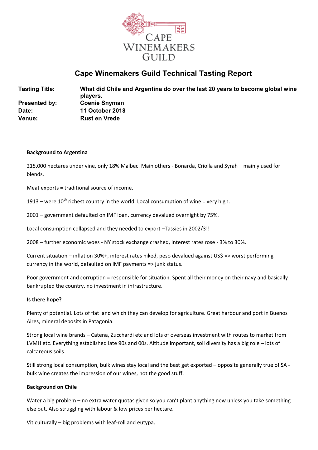 Cape Winemakers Guild Technical Tasting Report