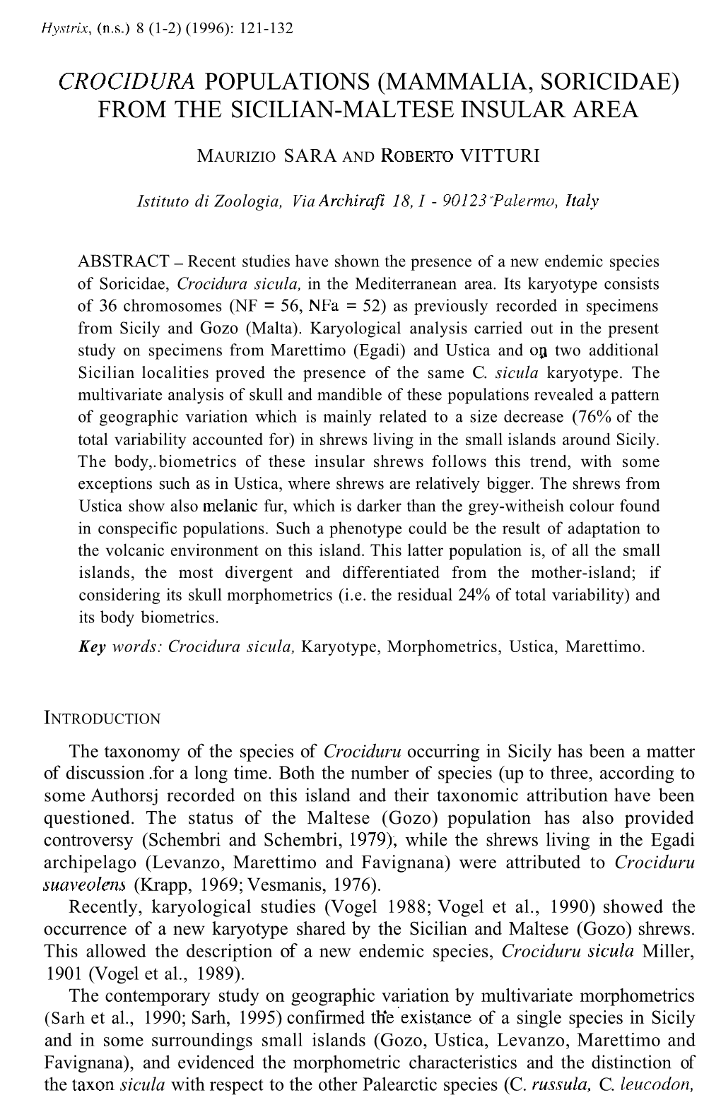 Crocidura Populations (Mammalia, Soricidae) from the Sicilian-Maltese Insular Area