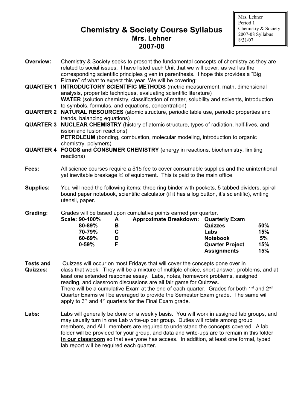 Chemistry & Society Course Requirements