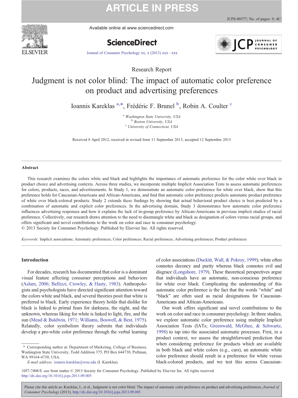 The Impact of Automatic Color Preference on Product and Advertising Preferences ⁎ Ioannis Kareklas A, , Frédéric F