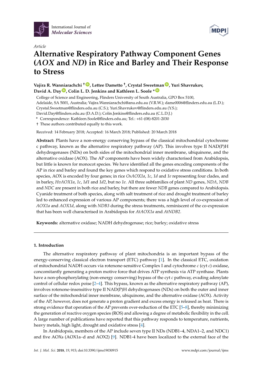 Alternative Respiratory Pathway Component Genes (AOX and ND) in Rice and Barley and Their Response to Stress