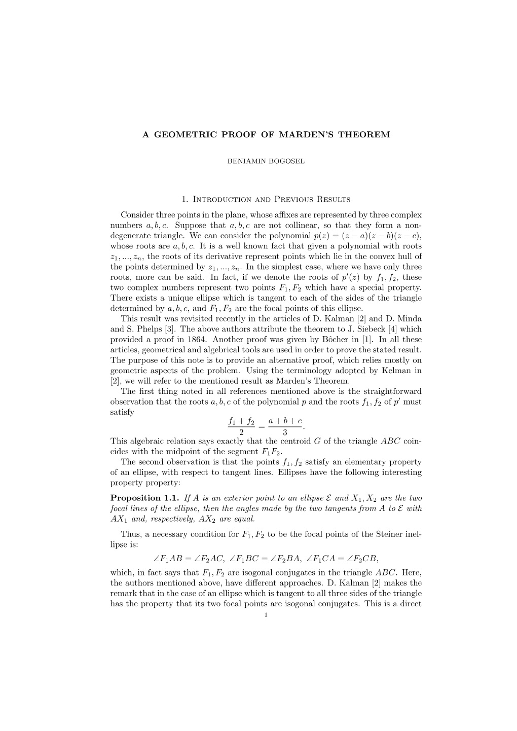 A Geometric Proof of the Siebeck-Marden Theorem