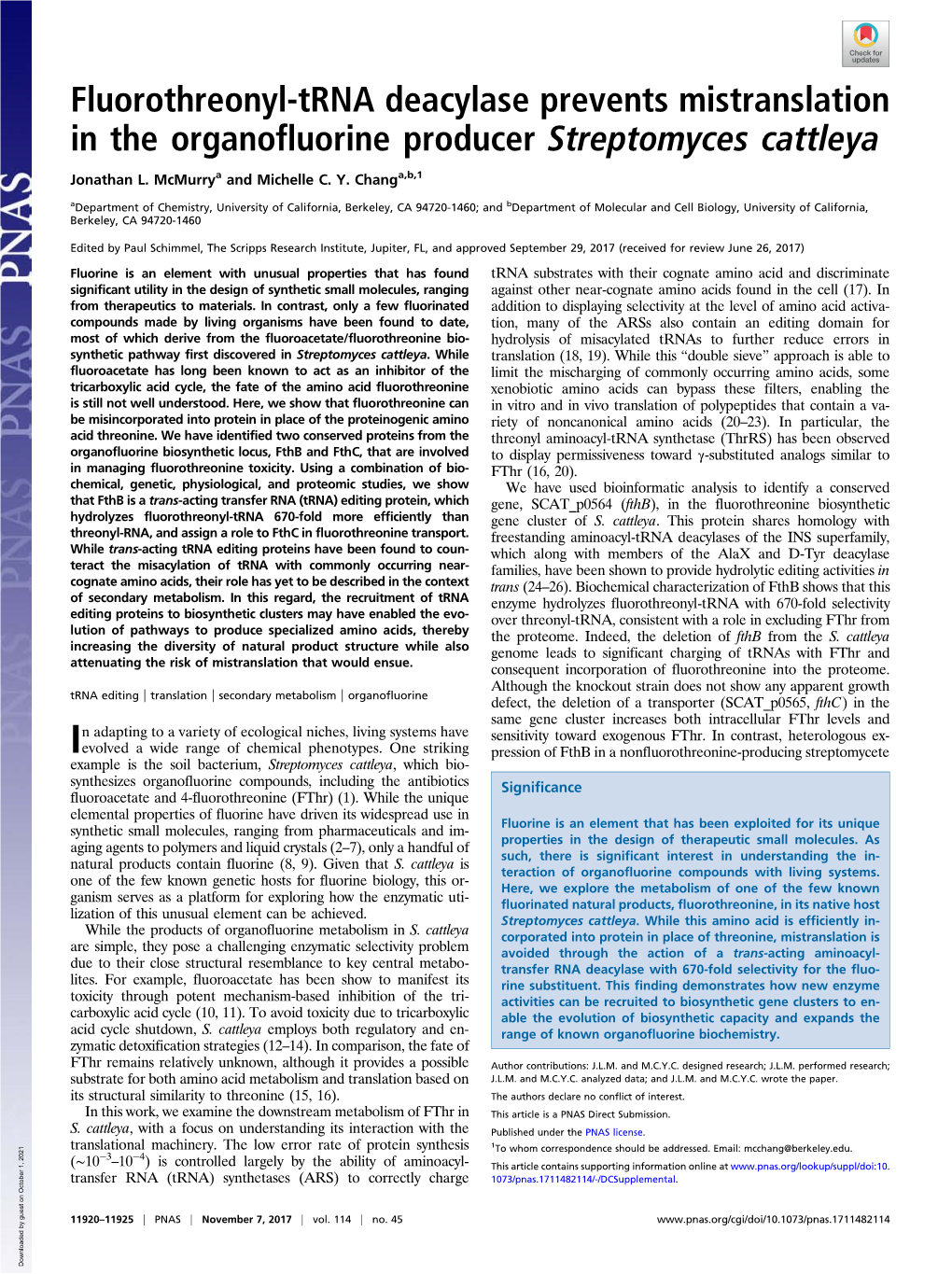 Fluorothreonyl-Trna Deacylase Prevents Mistranslation in the Organofluorine Producer Streptomyces Cattleya