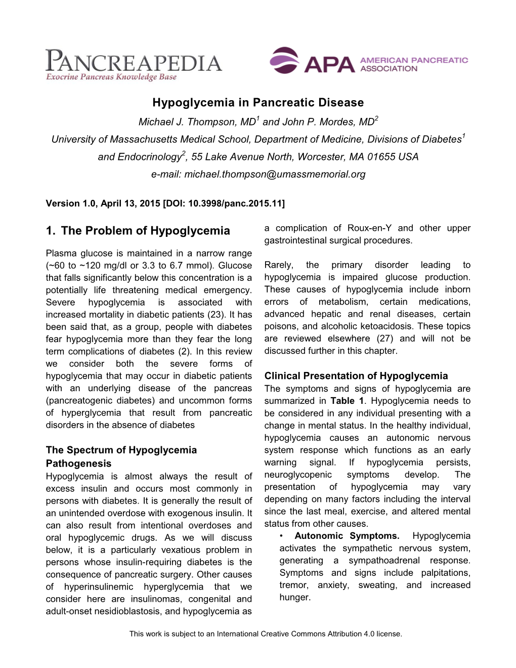 Hypoglycemia in Pancreatic Disease Michael J