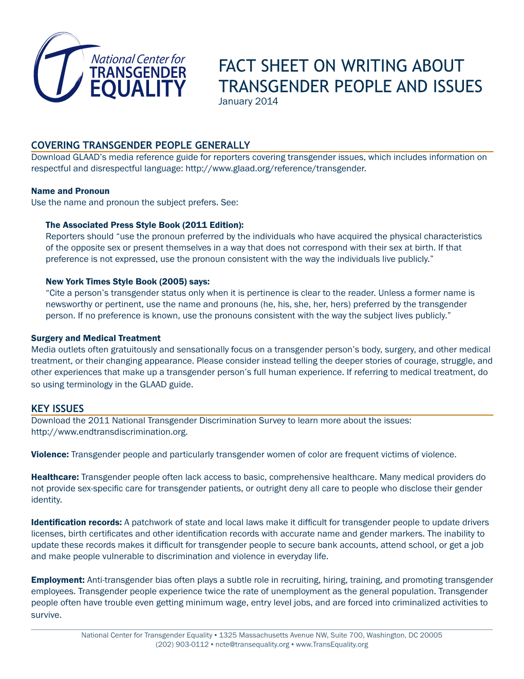 FACT SHEET on WRITING ABOUT TRANSGENDER PEOPLE and ISSUES January 2014