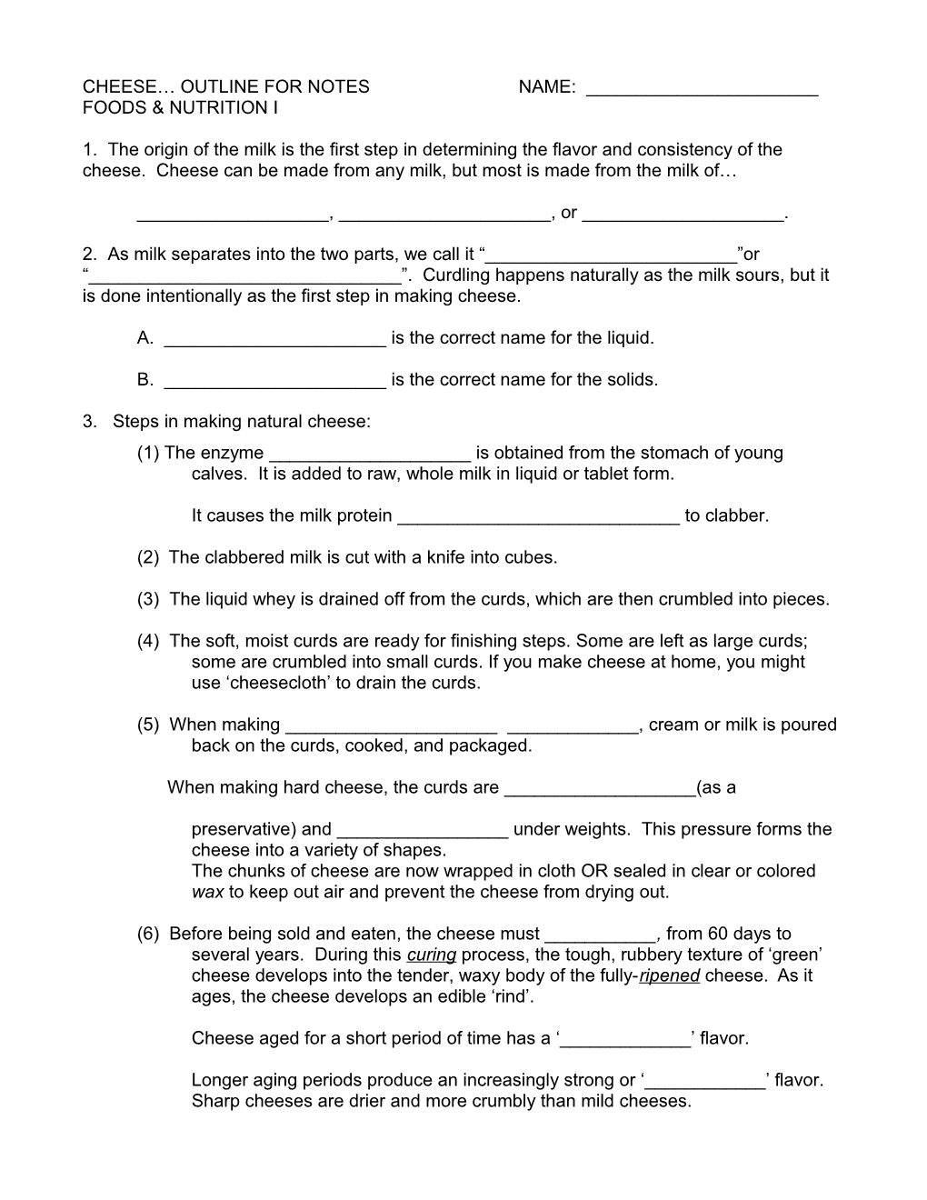 Cheese Outline for Notes Name: ______