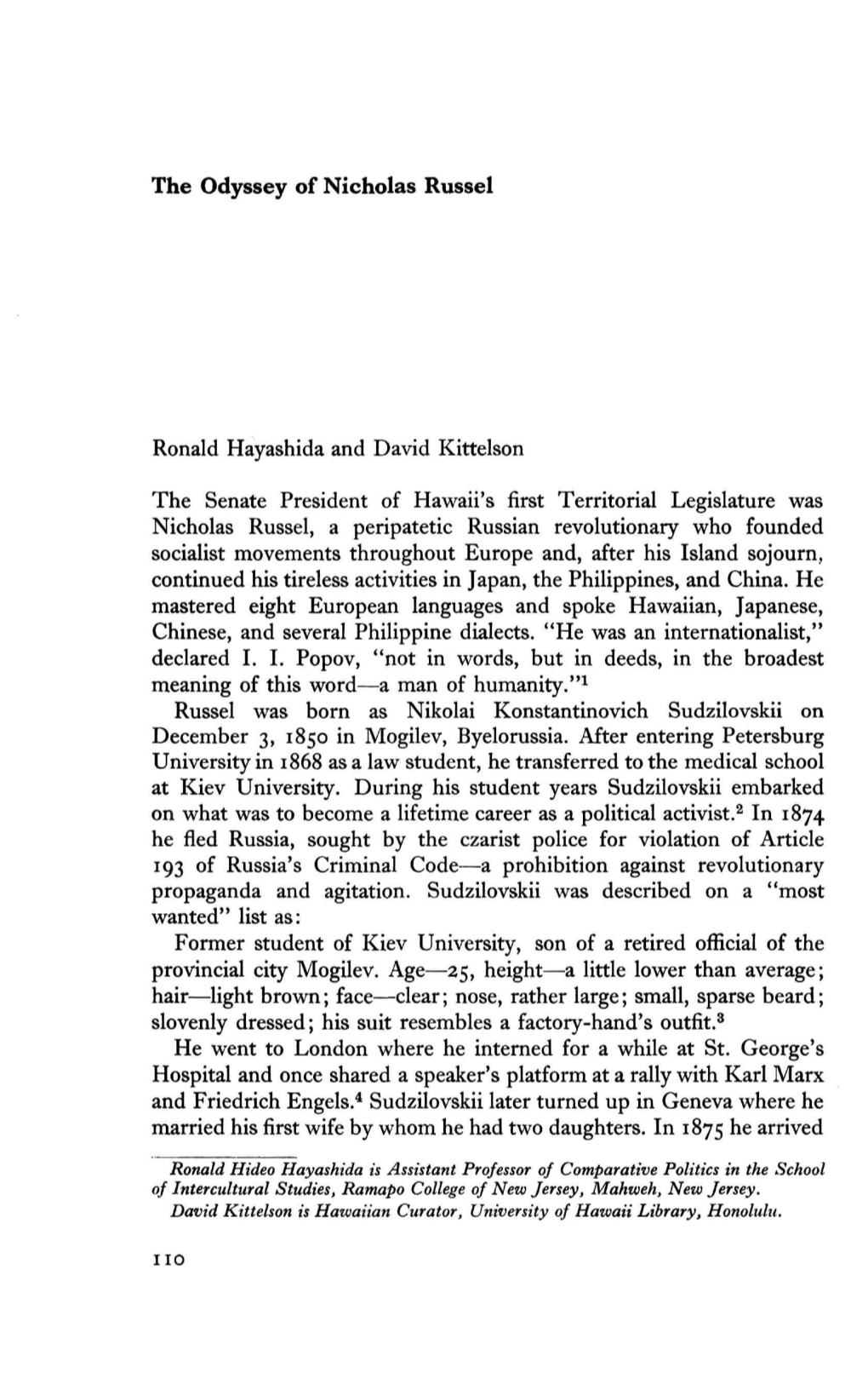 The Odyssey of Nicholas Russel Ronald Hayashida and David