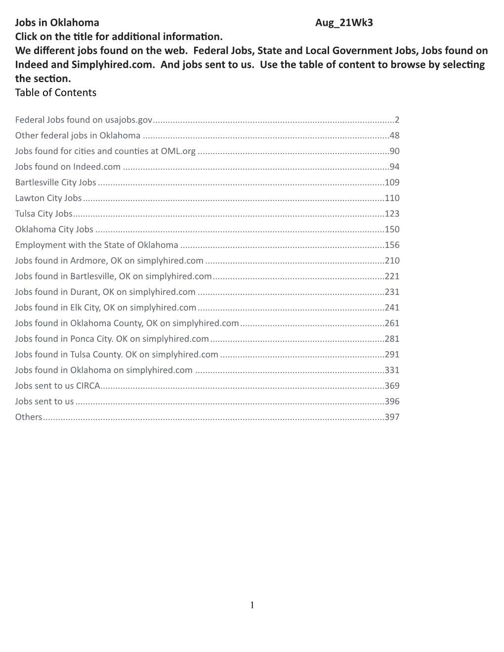 Jobs in Oklahoma Aug 21Wk3 Click on the Tle for Addi Onal Informa On