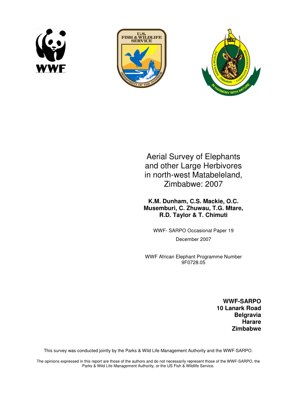 Aerial Survey of Elephants and Other Large Herbivores in North-West Matabeleland, Zimbabwe: 2007