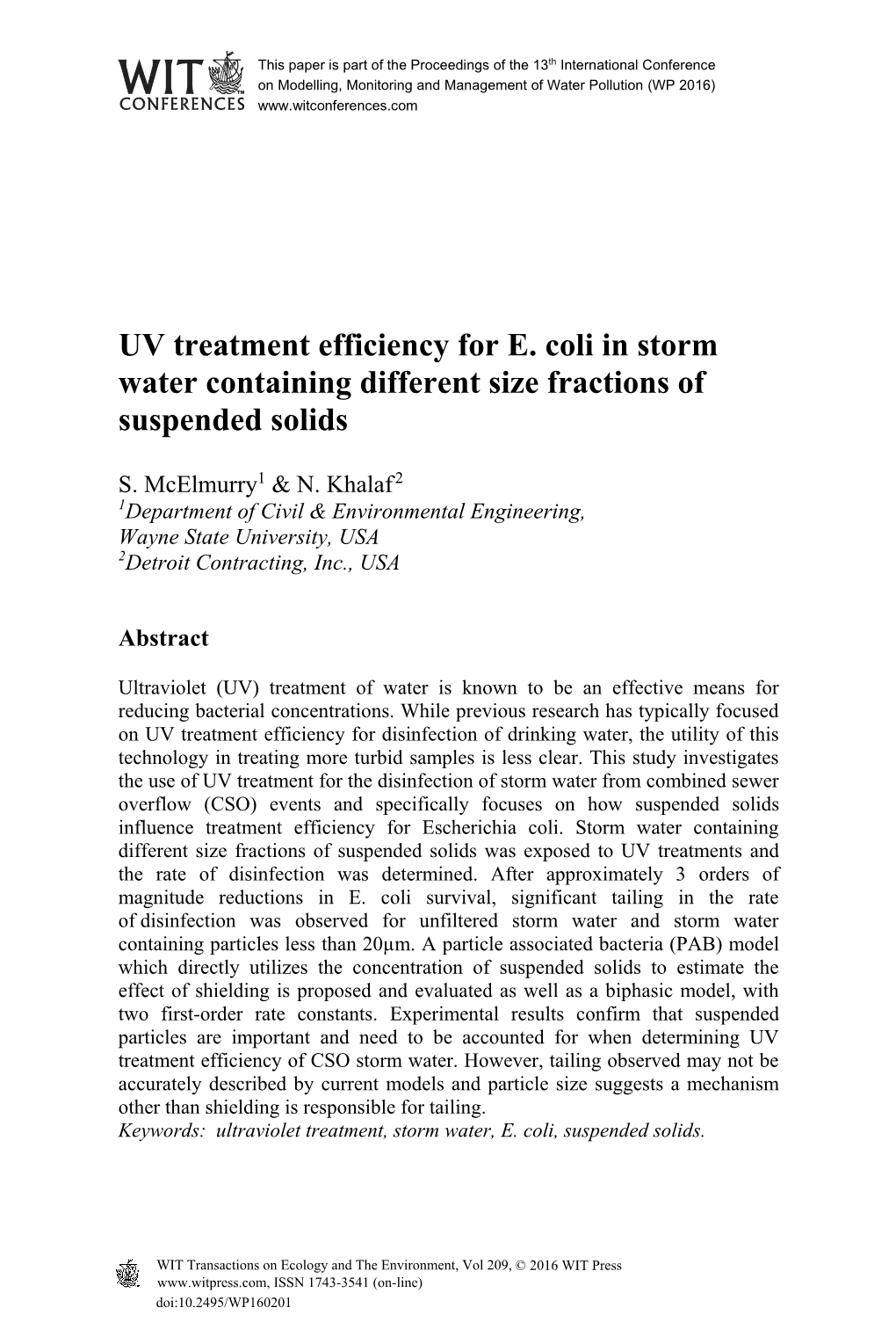 UV Treatment Efficiency for E. Coli in Storm Water Containing Different Size Fractions of Suspended Solids