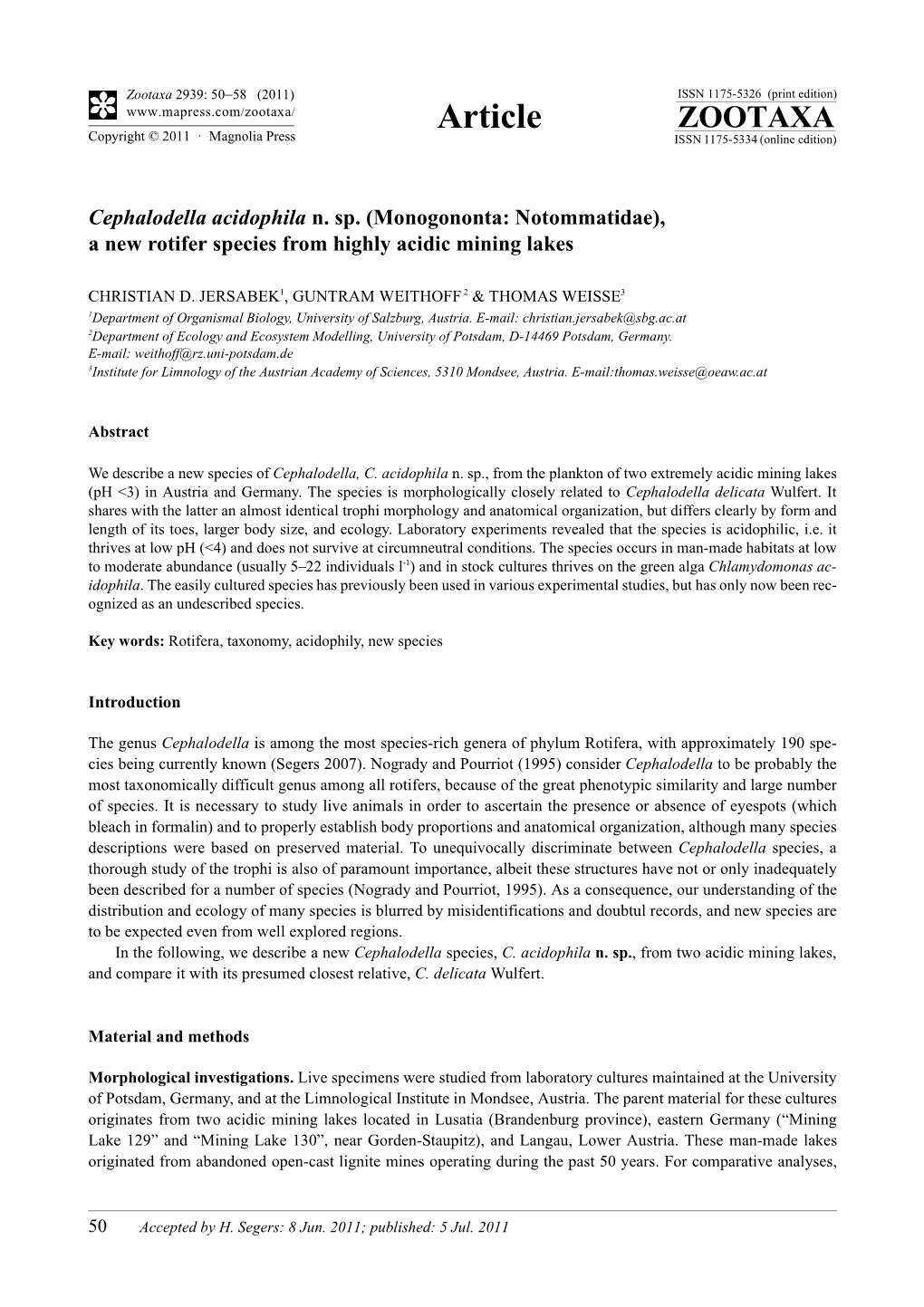 Cephalodella Acidophila N. Sp. (Monogononta: Notommatidae), a New Rotifer Species from Highly Acidic Mining Lakes