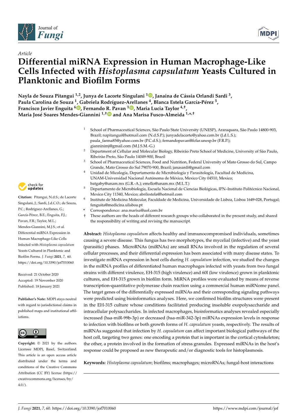 Differential Mirna Expression in Human Macrophage-Like Cells Infected with Histoplasma Capsulatum Yeasts Cultured in Planktonic and Bioﬁlm Forms