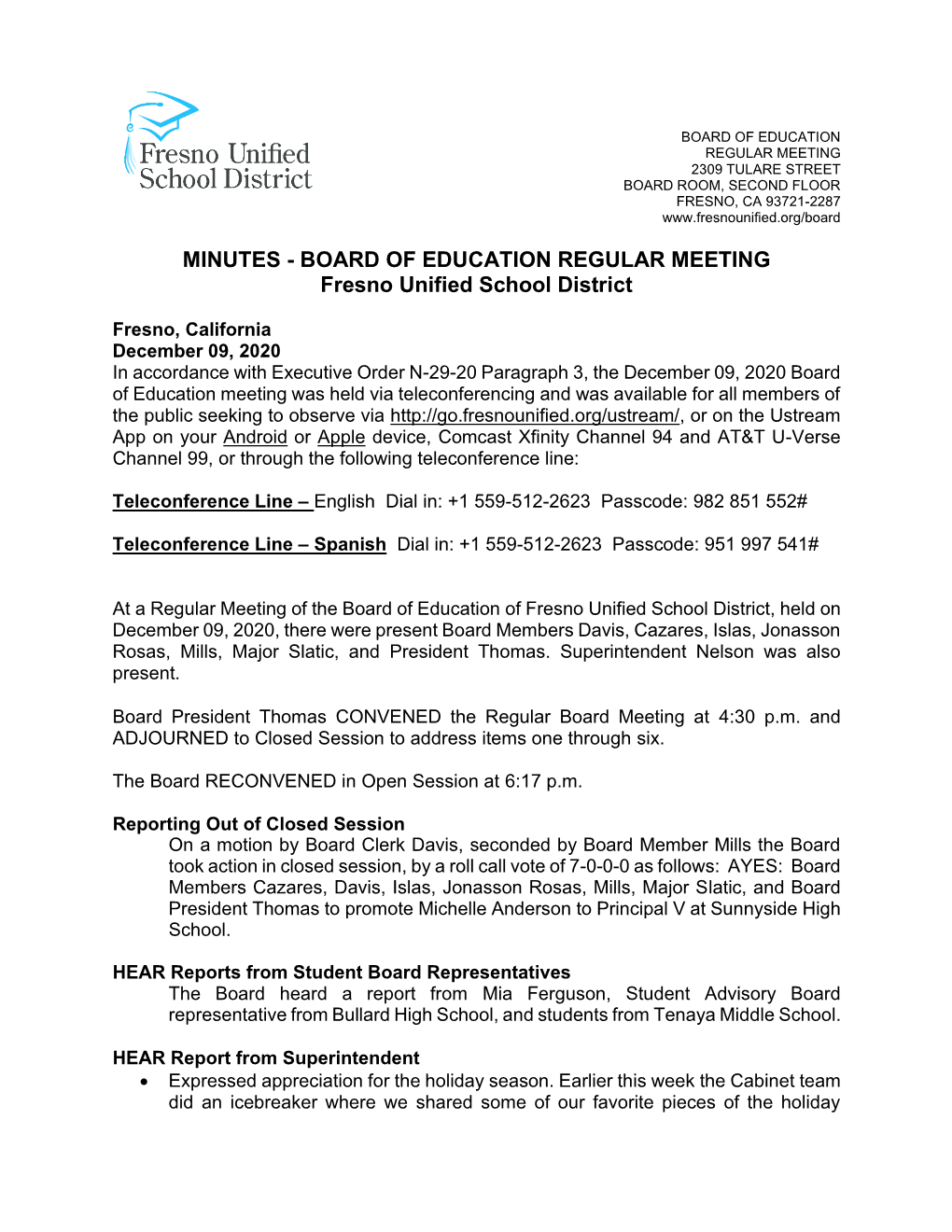 MINUTES - BOARD of EDUCATION REGULAR MEETING Fresno Unified School District