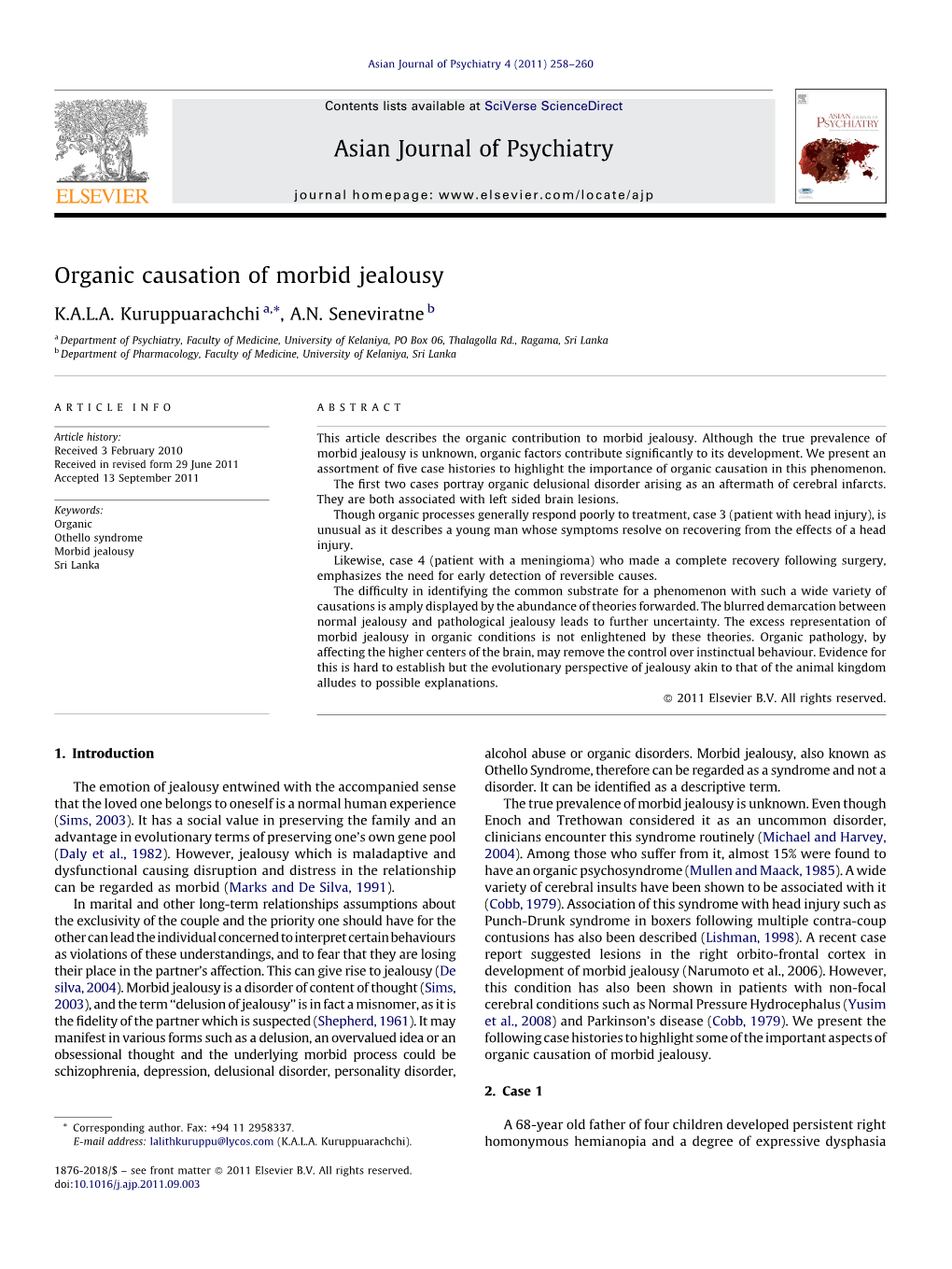 Organic Causation of Morbid Jealousy