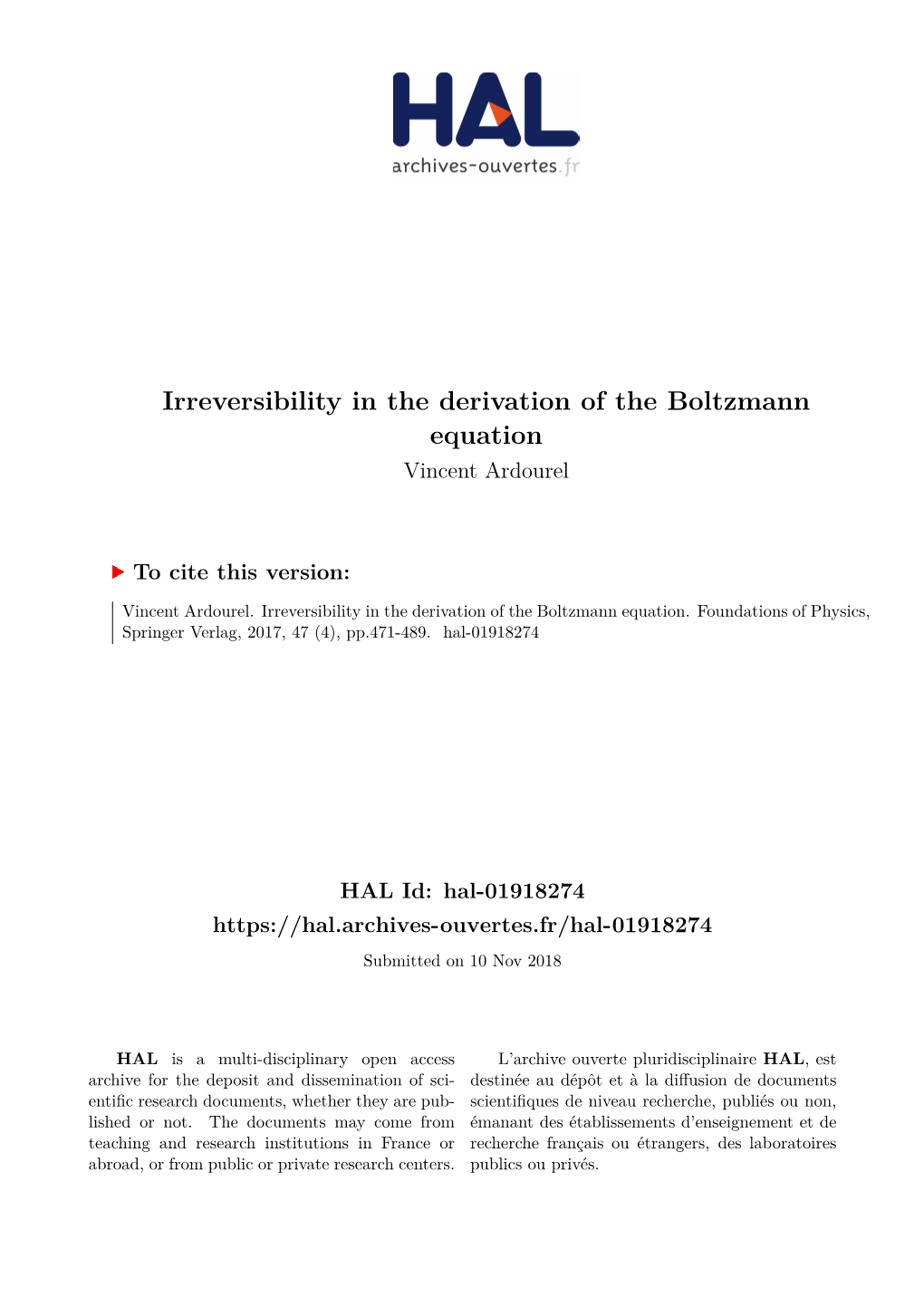 Irreversibility in the Derivation of the Boltzmann Equation Vincent Ardourel