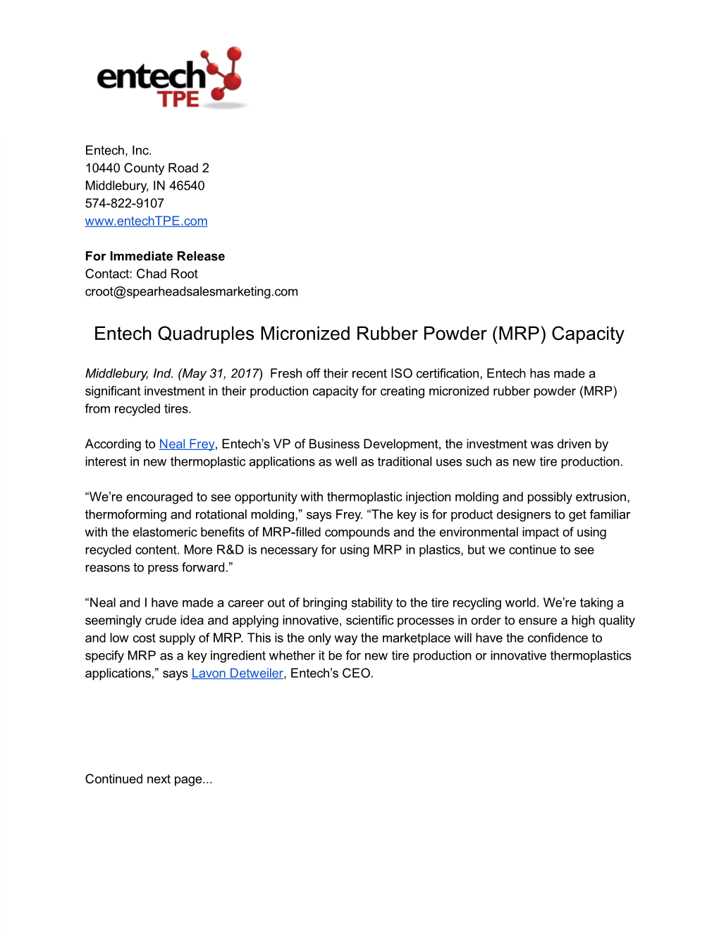 Entech Quadruples Micronized Rubber Powder (MRP) Capacity