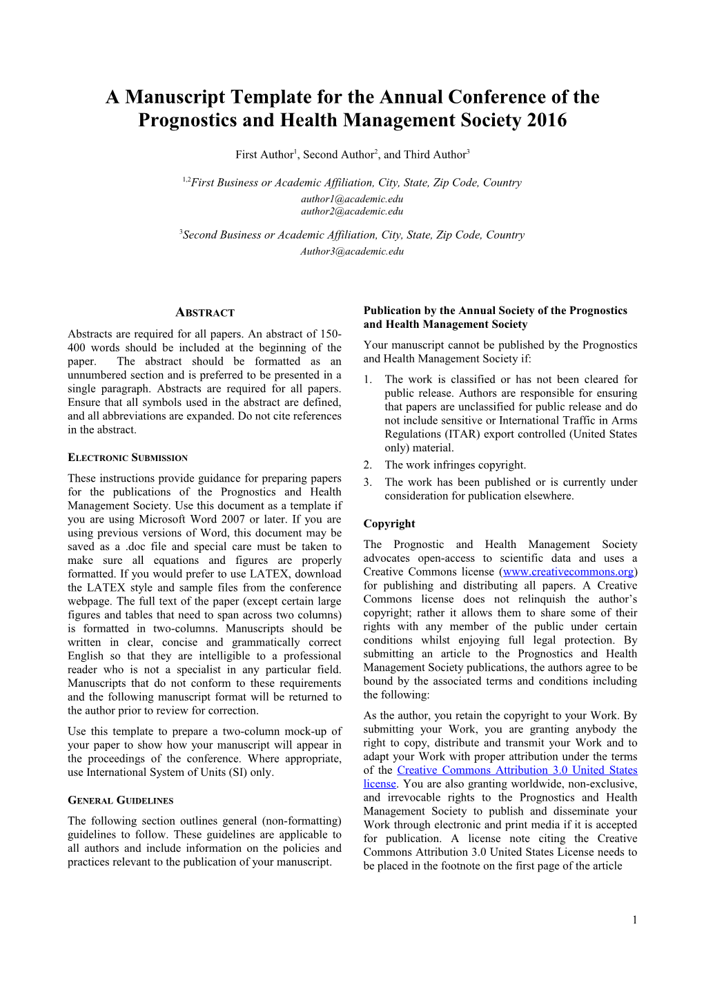 A Manuscript Template for the Annual Conference of the Prognostics and Health Management