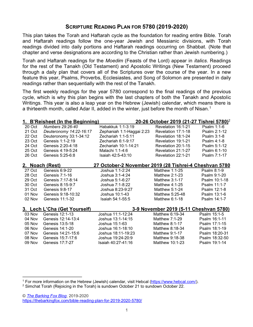 SCRIPTURE READING PLAN for 5780 (2019-2020) This Plan Takes the Torah and Haftarah Cycle As the Foundation for Reading Entire Bible