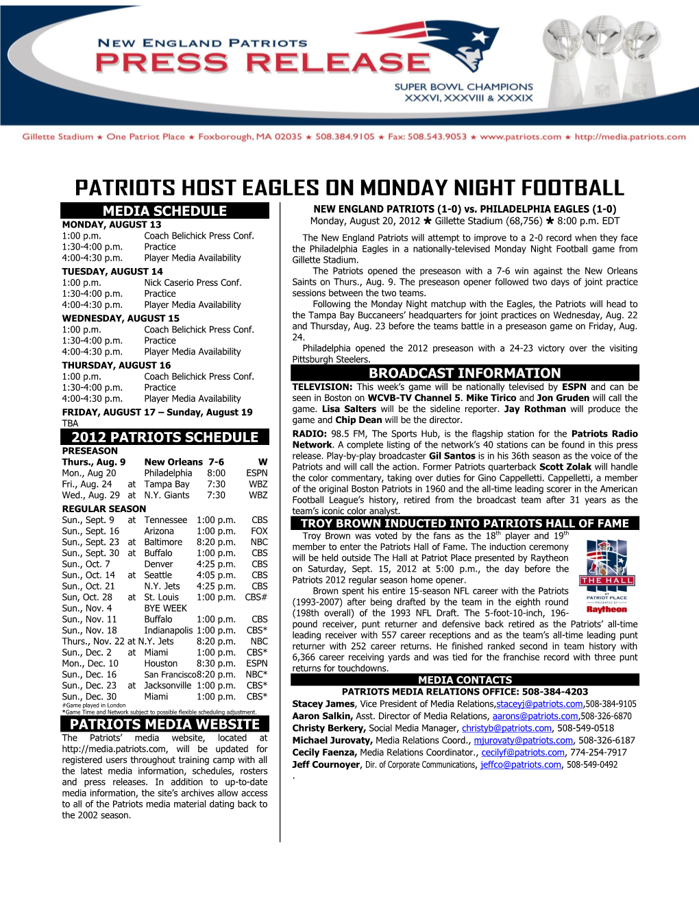 Patriots Host Eagles on Monday Night Football