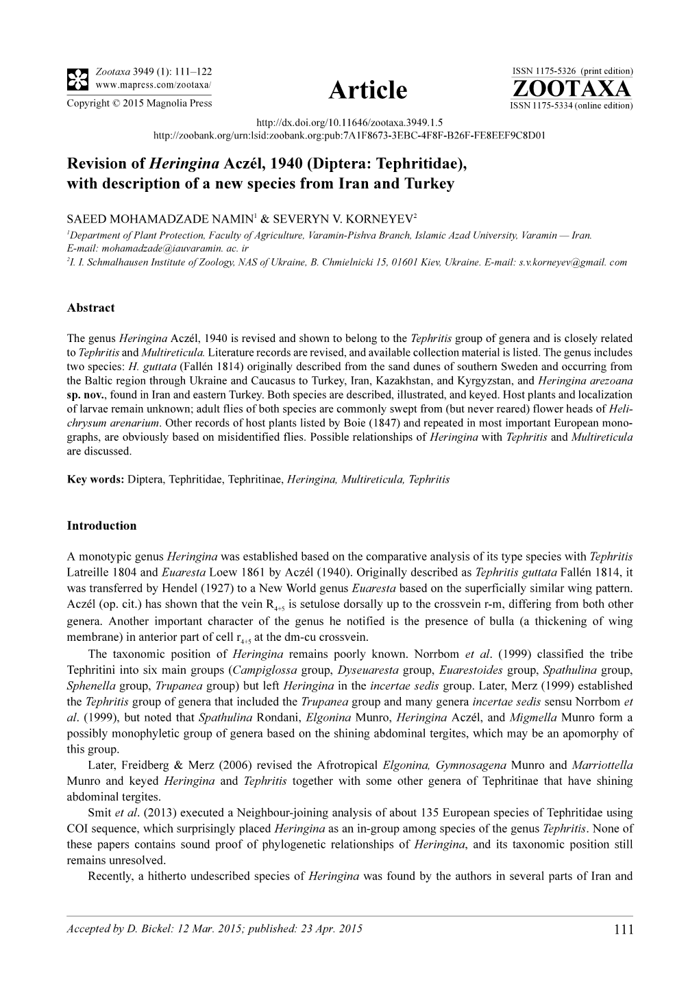 Diptera: Tephritidae), with Description of a New Species from Iran and Turkey