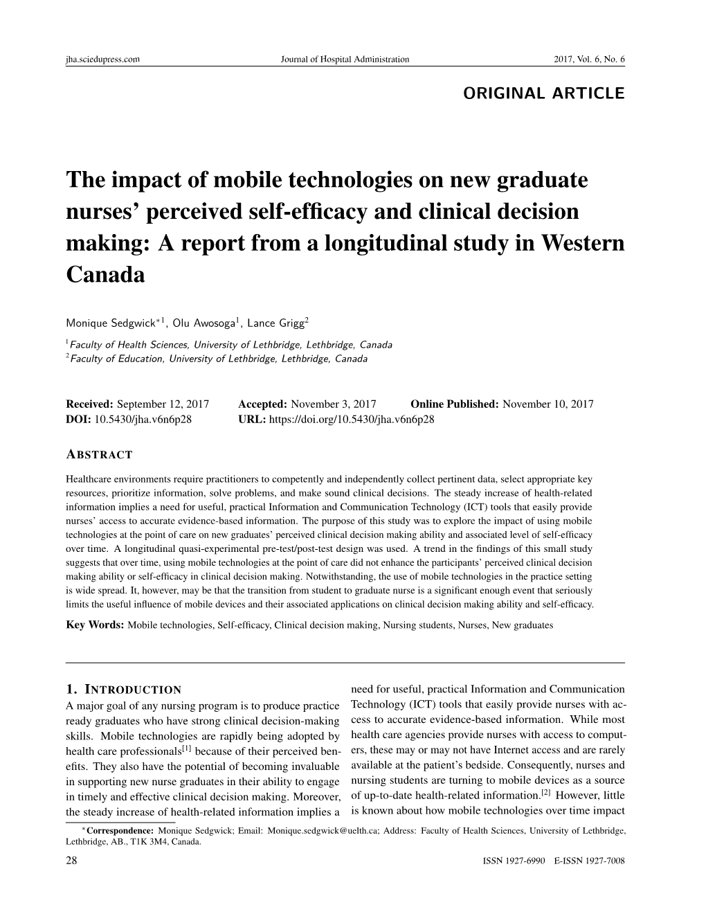 The Impact of Mobile Technologies on New Graduate Nurses’ Perceived Self-Efﬁcacy and Clinical Decision Making: a Report from a Longitudinal Study in Western Canada