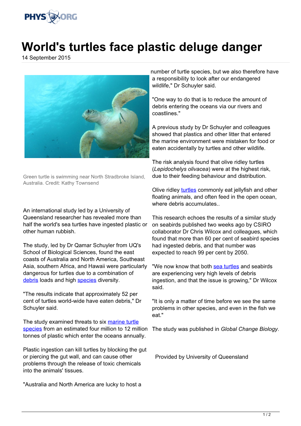World's Turtles Face Plastic Deluge Danger 14 September 2015