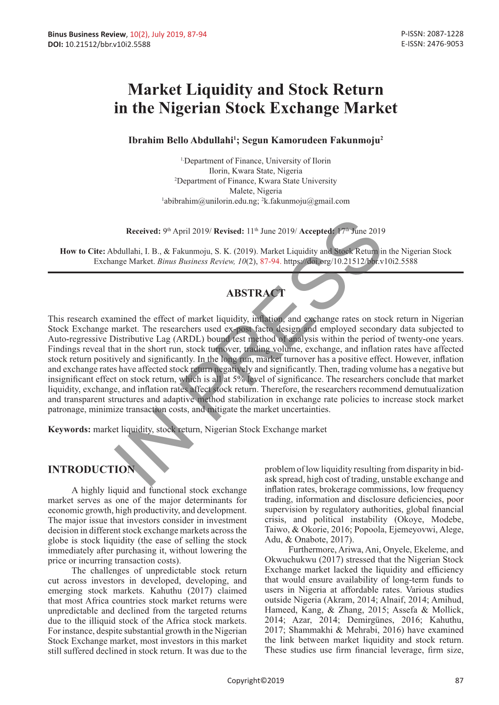 Market Liquidity and Stock Return in the Nigerian Stock Exchange Market