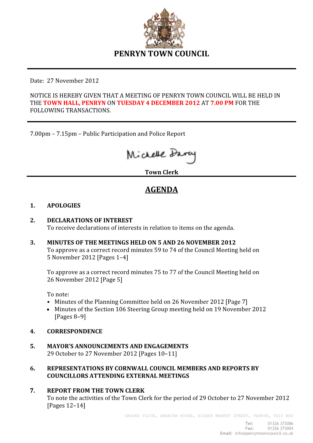 Penryn Town Council Council 4 December 2012