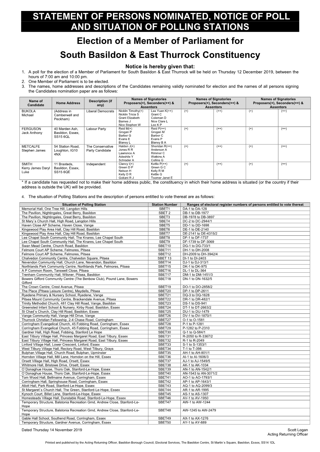 Statement of Persons Nominated, Notice of Poll and Situation of Polling Stations