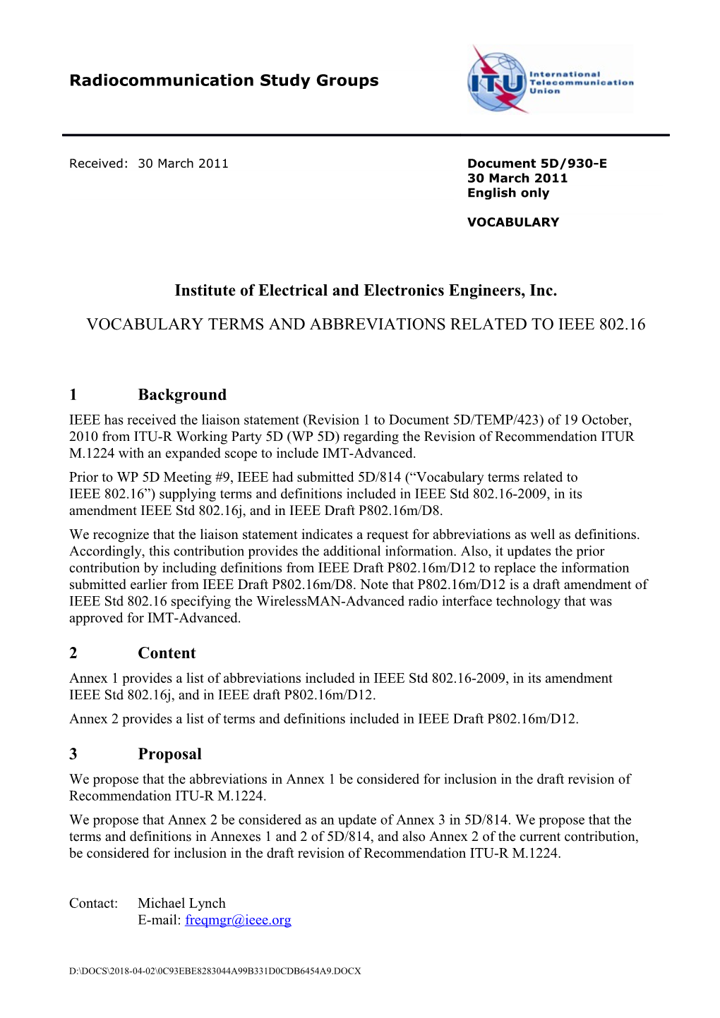 Annex 2 Provides a List of Terms and Definitions Included in IEEE Draft P802.16M/D12