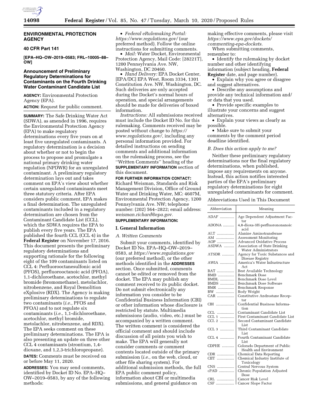 Federal Register/Vol. 85, No. 47/Tuesday, March 10, 2020