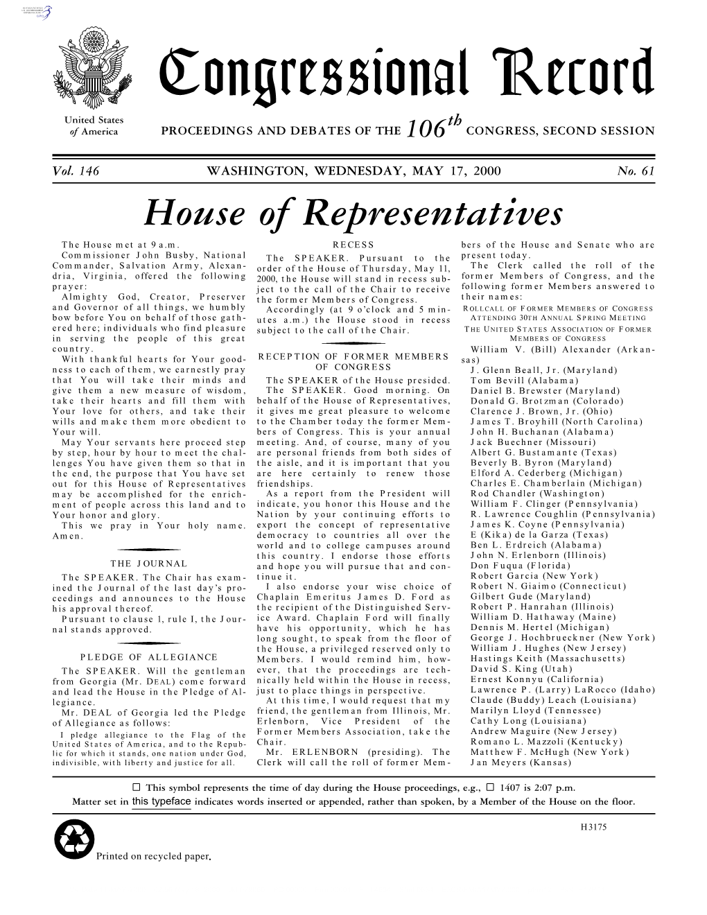 Congressional Record United States Th of America PROCEEDINGS and DEBATES of the 106 CONGRESS, SECOND SESSION