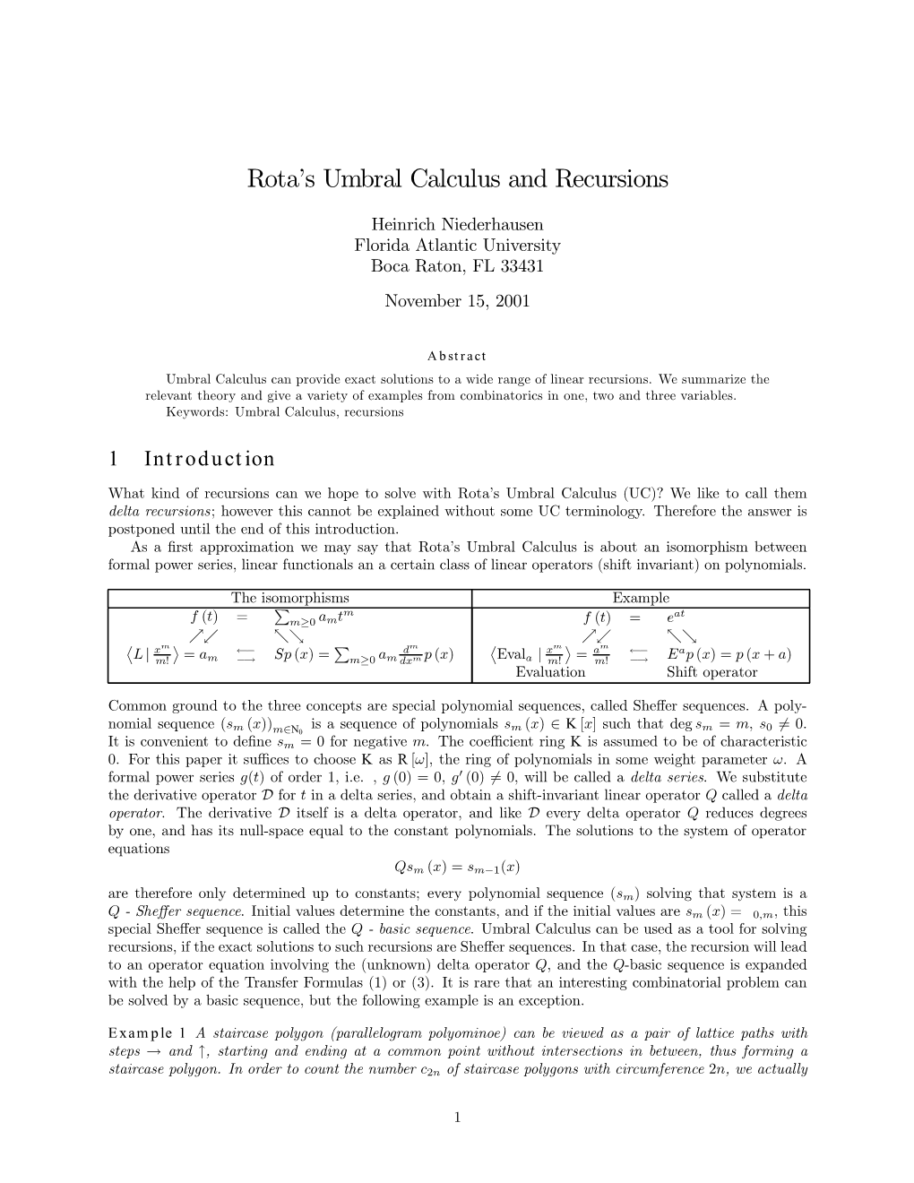 Rota's Umbral Calculus and Recursions