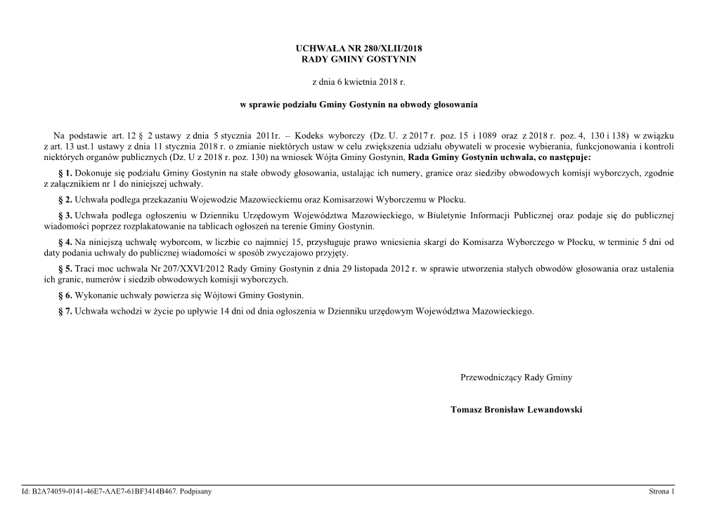 Uchwala Nr 280/XLII/2018 Z Dnia 6 Kwietnia 2018 R